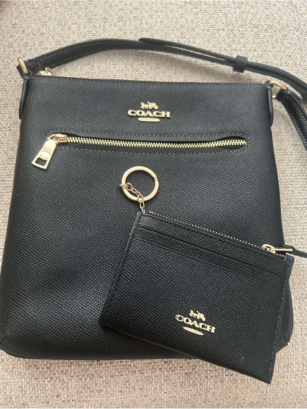 Coach Black Leather Crossbody with Gold Hardware and Card Case